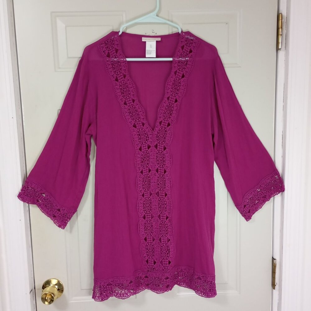 La Blanca Womens Crochet Trim Tunic Cover-Up Pink S 100% Cotton